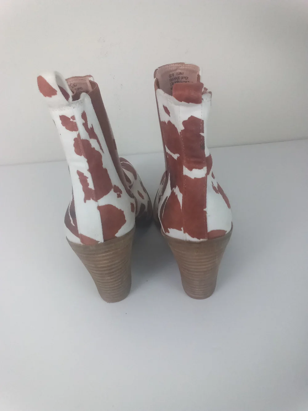 Barn Babe Cow-Print Western Ankle Boots Faux Suede White Brown Cowgirl